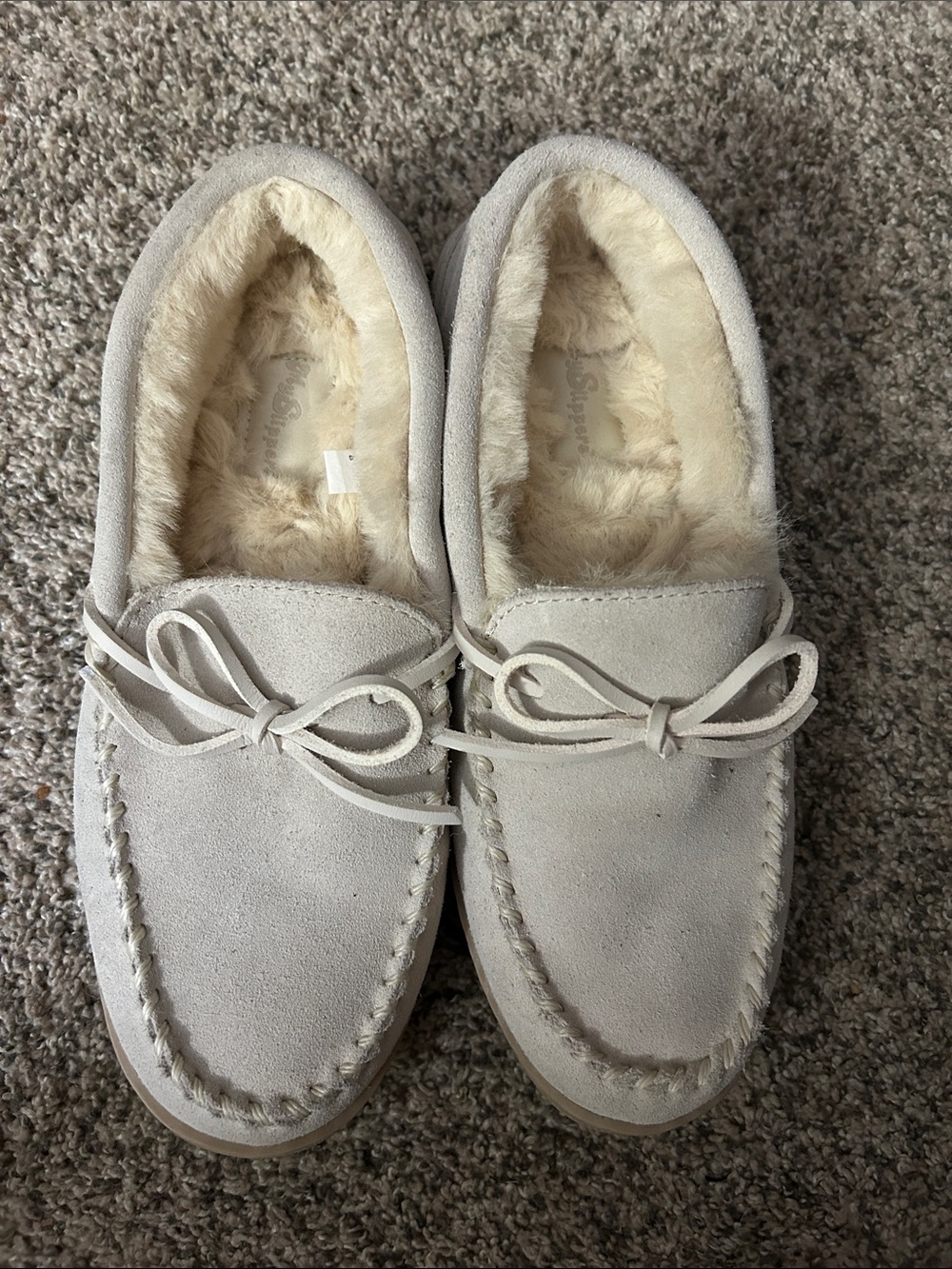 My Slippers Leather Upper Faux Fur Lined Moccasin Slippers - Light Beige, Size 9